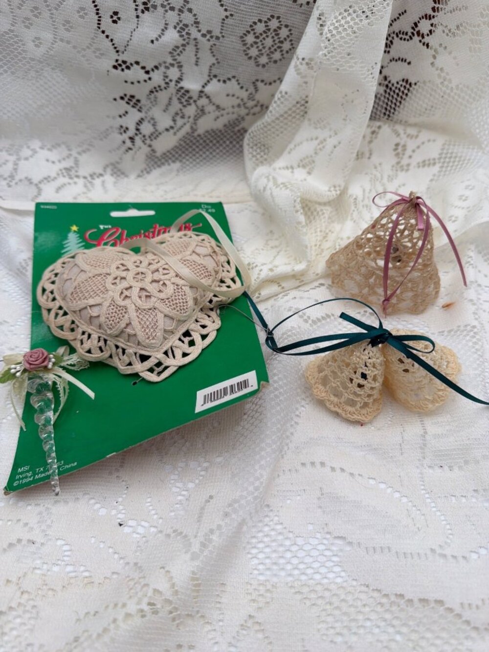 Vintage Lace Heart & Crochet Bell Christmas Ornaments Glass Icicle Accent Set Of